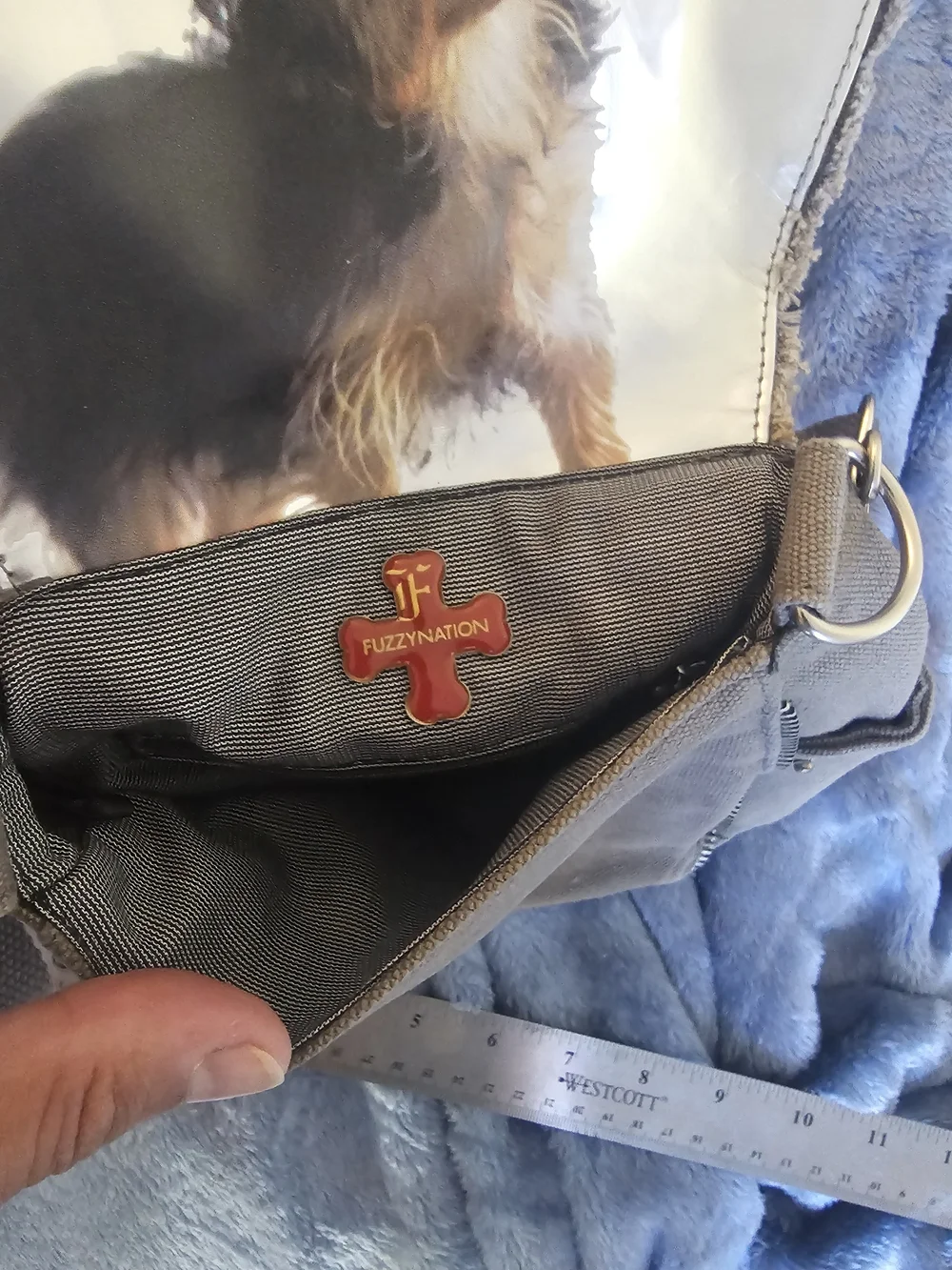 FuzzyNation Gray Canvas Crossbody Pet Bag with Yorkshire Terrier Print